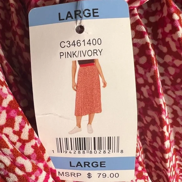 Vince Camuto Pleated Tea Length (MIDI) Pink Red & Ivory Skirt, Pull On, Size Lg - Picture 9 of 9